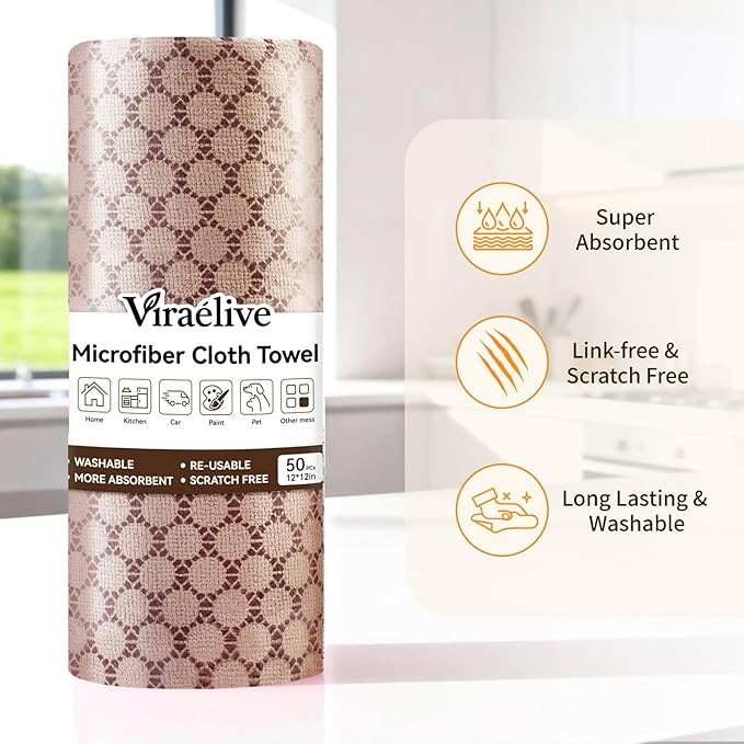Microfiber Cleaning Cloth Roll, 50-Count, Reusable, Durable, Absorbent, Lint-Free Non-Scratch Towels, Dish Rags for Kitchen, Home, Window & Screens, Paper Towel Alternative, Brown Dot, 12x12 in
