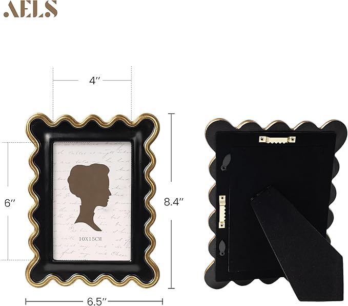 AELS 4x6 Inch Vintage Scalloped Picture Frame, Mid Century Modern Antique Photo Frames with Glass Front, Photo Display, Tabletop Wall Hanging, Black