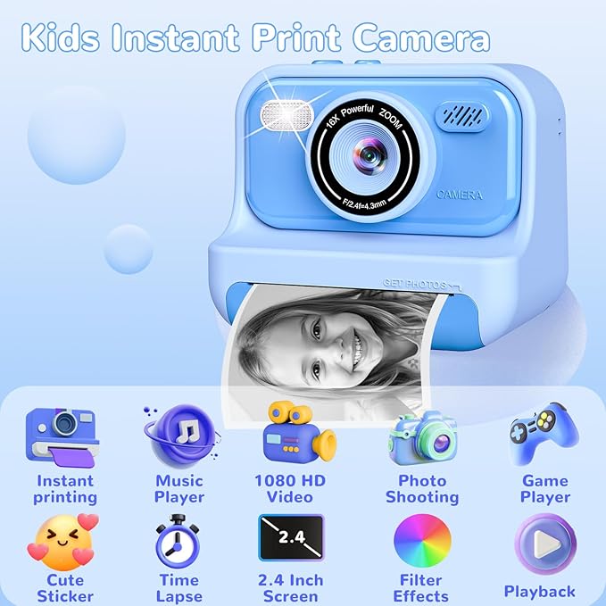 Kids Toys Instant Print Camera, Christmas Birthday Gifts for 3 4 5 6 7 8 9 10 Year Old Boys and Girls, 2.4 Inch Screen Kids Instant Cameras, Portable Toddler Travel Toys, Blue