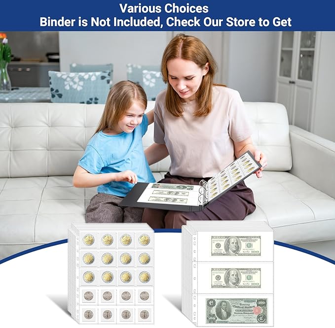 ENPOINT 90 Pockets Acid Free Currency Sleeves, 30 Pack Dollar Bill Sleeves for Collecting Cash, Banknotes or Coupons, Fit for 3 Ring Binder Currency Album, Non Stick and Non Glare