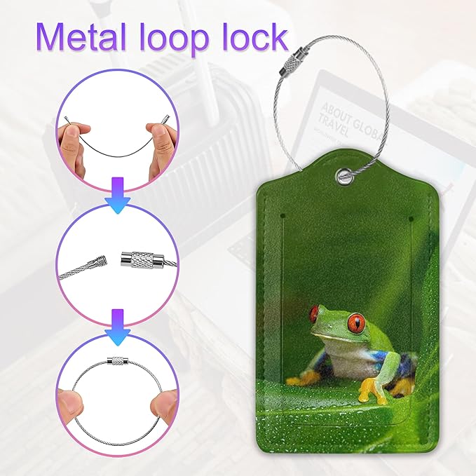 2 Pack Leather Luggage Tag for Suitcase Cute Tree Frog Funny Animal Unique Travel Tags with Privacy Cover ID Label & Stainless Steel Loop for Men and Women Baggage
