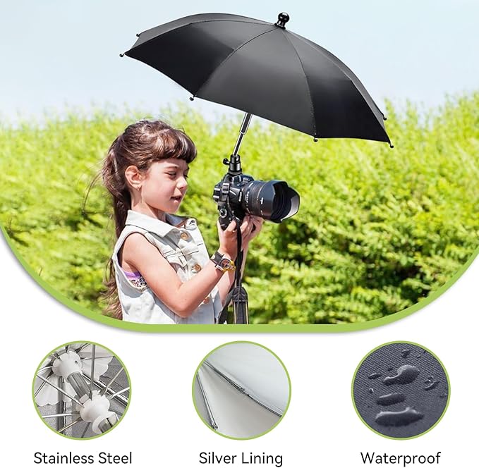 Generic Large Camera Umbrella Hot Shoe for Rain Sun 19inch, DSLR Camera Rain Cover Shade, Protector for Canon, Sony, Nikon, Fuji, Olympus, Ajustable Height & Angle, Black