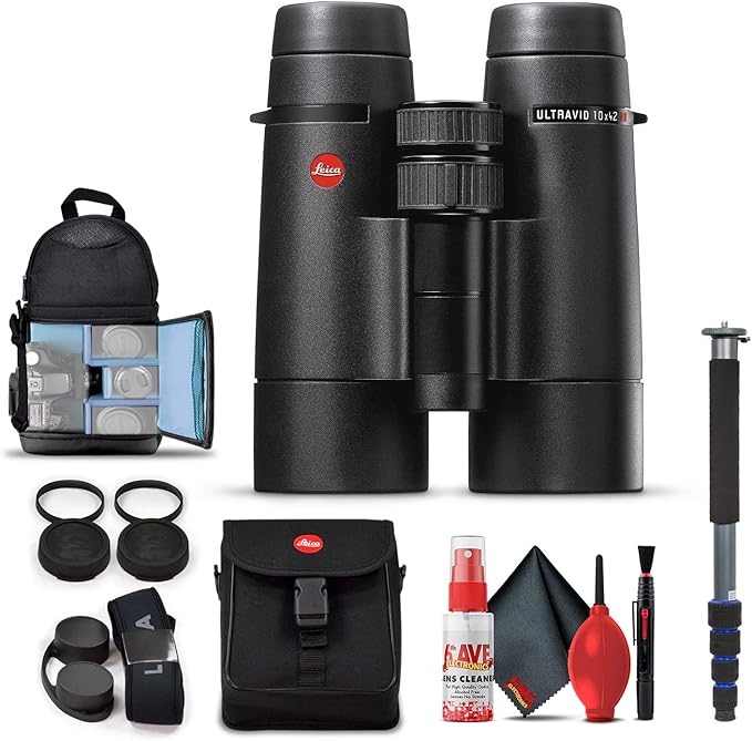 Leica 10x42 Ultravid HD-Plus Binoculars (40094) + Backpack + Full Size Monopod + Cleaning Set + 2 x Cap Keeper + Neck Strap