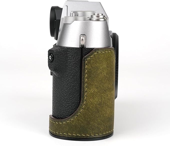 Handmade Genuine Leather Camera Half Case for Fujifilm X-T50 - Top Layer Cowhide Body + Hand Sewn Saddle Stitch + Metal Base Plate + Hand Shank Free 4-in-1 Design (Dark Green)