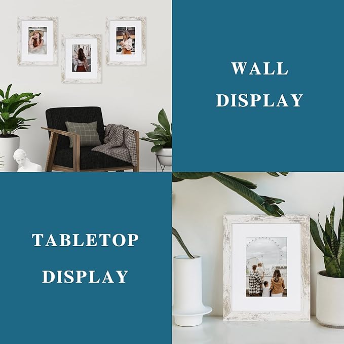 8x10 Picture Frame Set of 4, Made of Real Glass and Distressed White Wooden Frame, 8 by 10 Photo for Wall or Tabletop - Display Picture 5x7 with Mat or 8x10 Without Mat (Pack of 2)