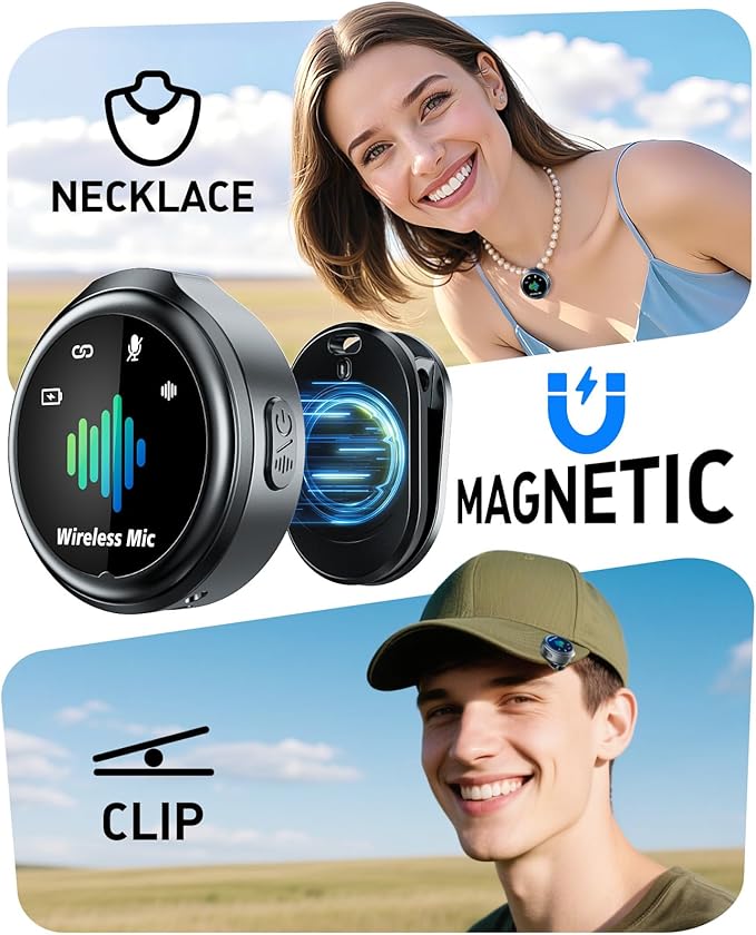 Mini Microphone for iPhone: Wireless Lavalier Microphone for Android - Noise Canceling Magnetic Clip Lapel Mic - Pro Video & Vlogging Recording for Content Creators