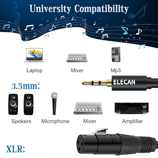 Elecan 3.5mm (1/8 Inch) TRS Aux Male to XLR Female Cable 15 Ft, Balanced Professional Shielded Stereo Microphone Cable Cord,Gold Plated for DSLR Camera Mixer Headphones with 3.5 to 6.35mm Adapter+Ties