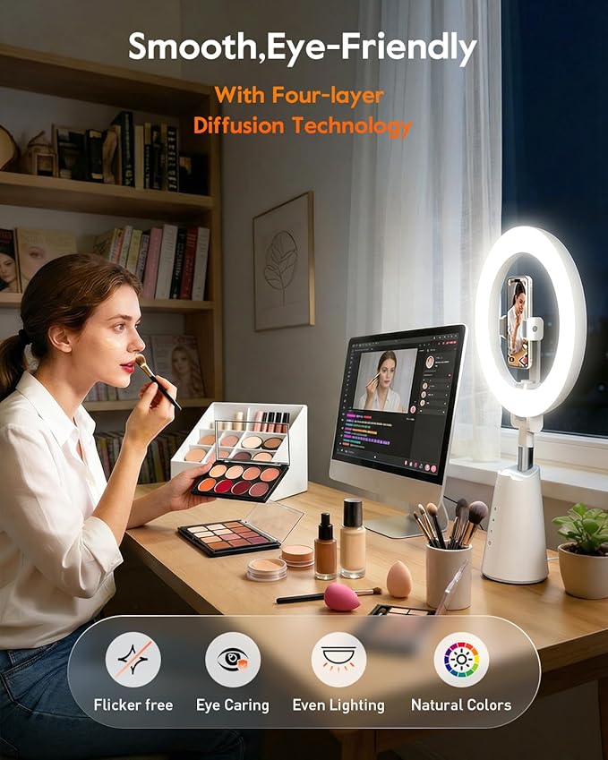 11" True-Color Phone Ring Light with Stand & Dual Phone Mounts – CRI 98+ Soft Desk Selfie Light, 224 LEDs, 4 Color Modes, Touch Control for Makeup, Live Streaming, Video Recording, Zoom Calls & TikTok