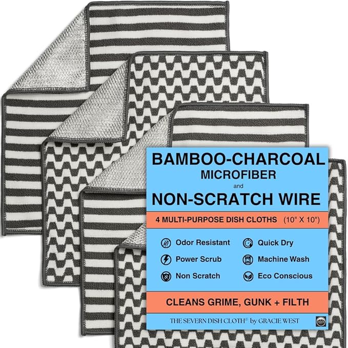 Severn Dish Cloths for Washing Dishes 4pk. Odor-Resistant Dish Rags with Non-Scratch Wire Scrubber Side for Kitchen Cleaning. Grime-Fighting Bamboo-Charcoal Microfiber 2-Sided Dishrags. Machine Wash