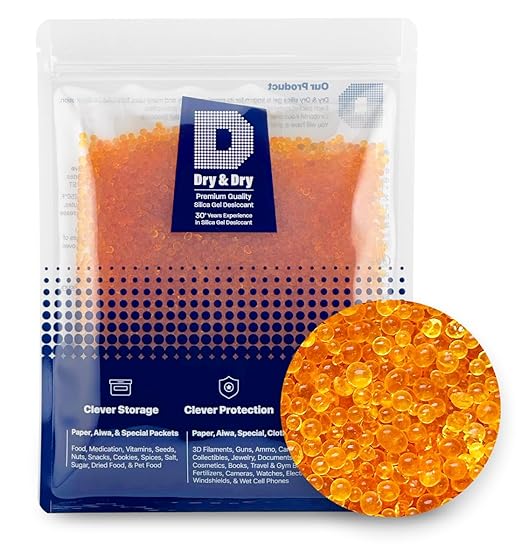 Dry & Dry [1.2 LBS] Premium Orange Indicating Silica Gel Desiccant Beads(Industry Standard 3-5 mm) - Rechargeable Silica Gel Beads(1.2 LBS)