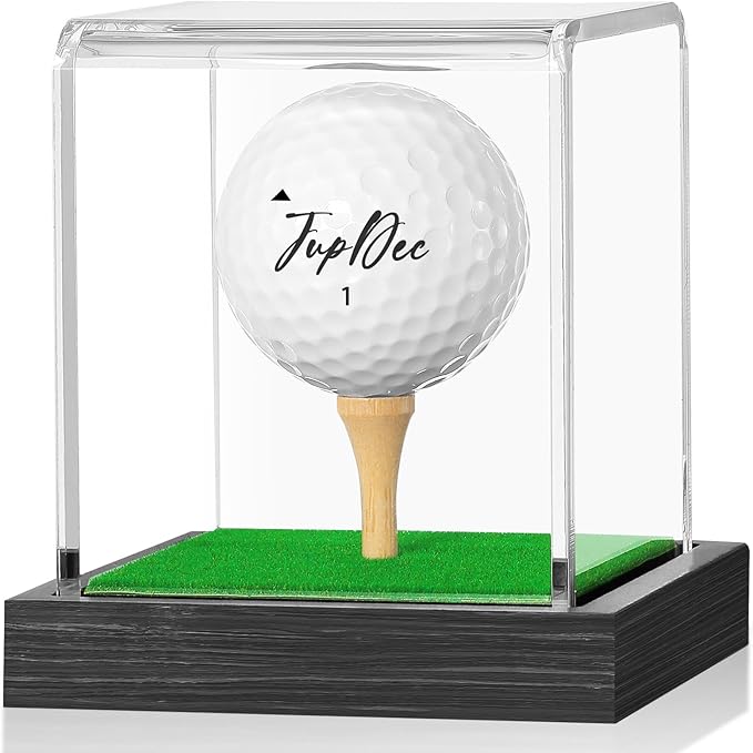 JupDec Golf Ball Display Case Clear Acrylic Memorabilia Stand Cube Holder with Wood Base & Tee, Dust Protection Transparent Storage Box for Single Ball Souvenir Golfball Collections, Black, 1 Pack