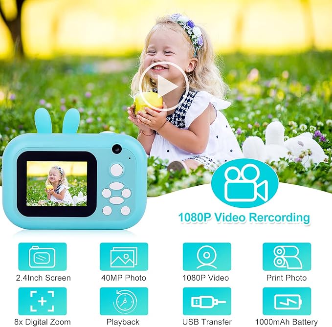 MINIBEAR Kids Camera Instant Print Camera for Kids Digital Camera Toddler Toys Christmas Birthday Gifts for 3 4 5 6 7 8 9 10 Year Old Boys Girls, Blue