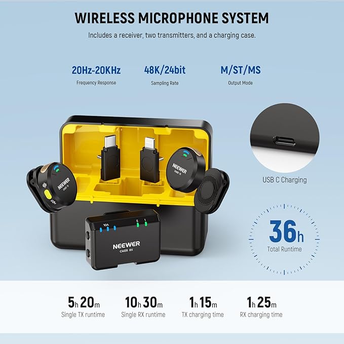 NEEWER CM29 Mini Wireless Microphone, 48KHz/24Bit Noise Cancelling Clip On Lav Mic, 25H Battery, 150m Range, Compatible with iPhone iPad Android DJI Insta360 Camera PC Mac (1RX+2TX+Charging Case)