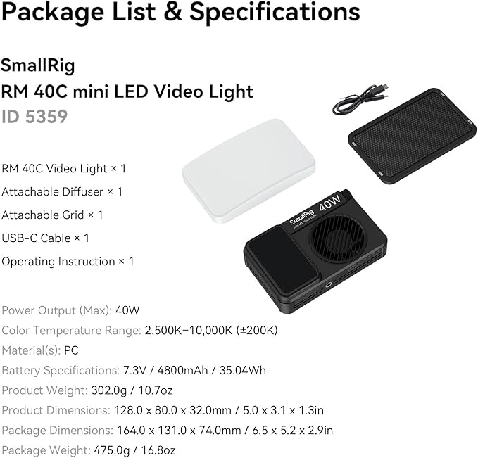SmallRig RM 40C Mini LED RGB Video Light, 4800mAh Battery, LCD Display, Portable Camera Light for Tiktok Youtube Content Creators Photographer Gifts, 2500K-10000K CRI 96 TLCI 99, Magnetic Mount - 5359