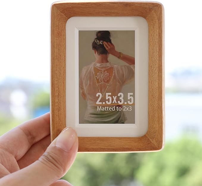 Zelvix Wooden Picture Frames, 2.5x3.5 Small Polaroid Picture Frame Matted to 2x3 with Plexiglass, Teak Solid Natural Wood Tiny Photo Frame, For TableTop and Wall Mounting