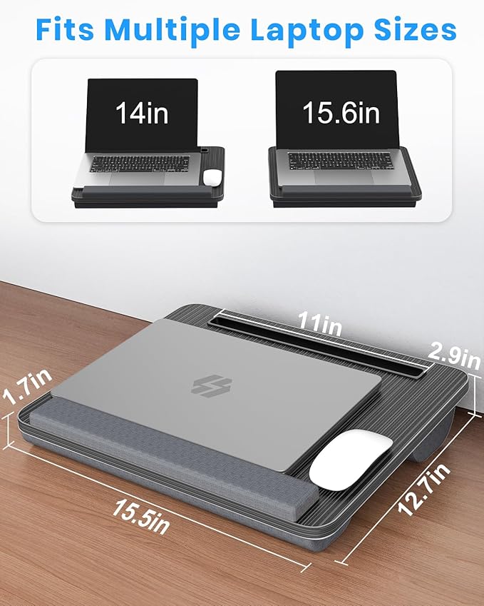 Portable Lap Desk, Laptop Stand for Bed with Soft Wrist Rest, Tablet/Phone Slot, Fabric Handle, Laptop Bed Desk with Cushion (Black)