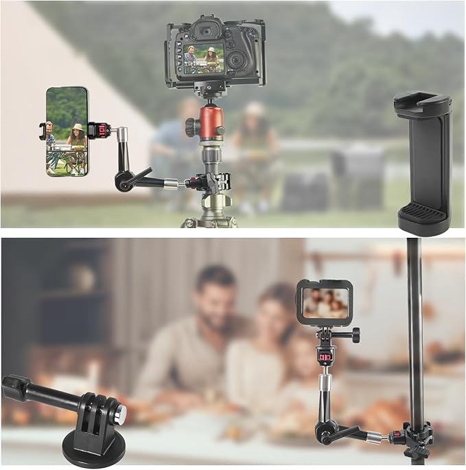 FIFIELD CNC Machined 7" Articulating Magic Arm Clamp Mount with Super Clamp, 360° Dual Ball Head & 1/4" ARRI Locating Pin&Holes, Heavy-Duty Camera Monitor Mount for Camera, Phone, LED Light, Phone,7"