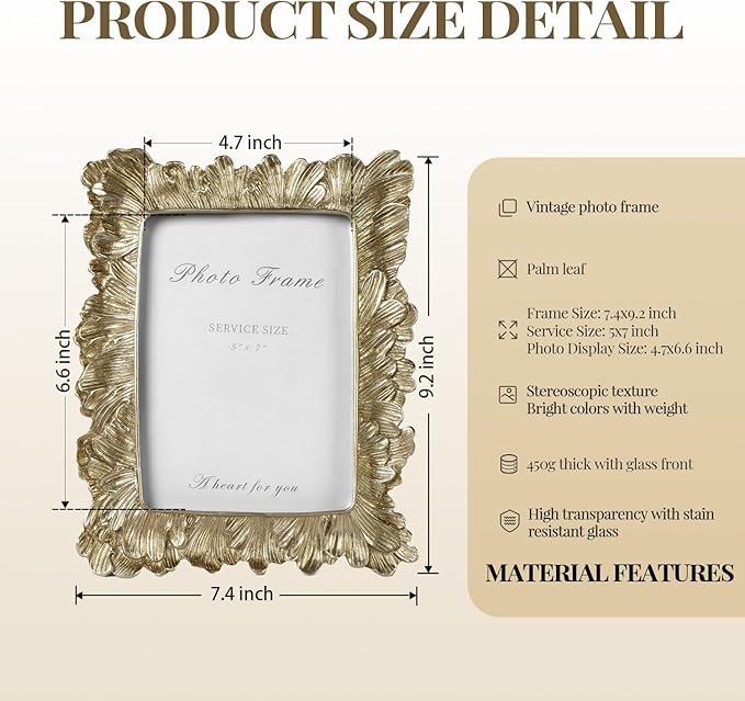 Cuspin Gold 5x7 Picture Frame, Vintage Gold Palm Leaves Textured Hand-Crafted Resin Frame with Glass Front, Elegant Retro Photo Frame for Wall and Tabletop Display Home Decor