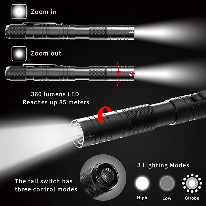 Rechargeable Pen Light, Zoomable Led Penlight Inspector Light Pocket Flashlight with Clip Small Mini Handheld Slim Flashlight 360 Lumens LED for Nurse Medical Repair Engineer Doctor
