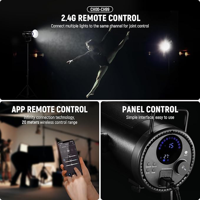 NEEWER 210W COB LED Video Light with 2.4G/APP Control, 2700K-6500K Bi Color Continuous Output Lighting Studio Photography Recording with Bowens Mount, 90000lux/1m, CRI/TLCI97+, GM ±50, CB200B PRO