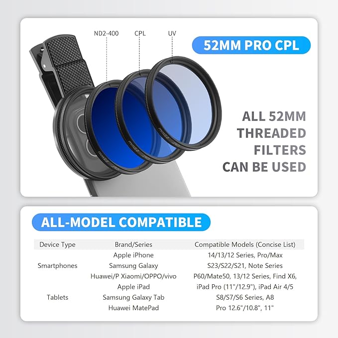 52mm Circular Polarizing Filter Clip for Smartphones - Optical Glass CPL Lens with Rotating Frame & PU Case | Universal Clip Fits Premium Phones