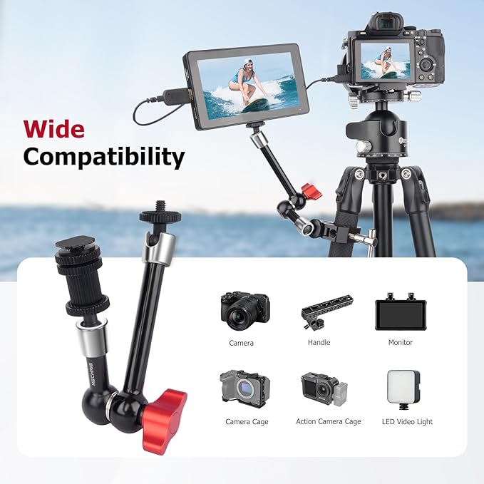 9" Cold Shoe Magic Arm with 360° Ball Joint, Extended Stainless Steel Friction Arm for Camera Cage Rig, LED Panel, Monitor Mount – Vlog Studio Photography-87002
