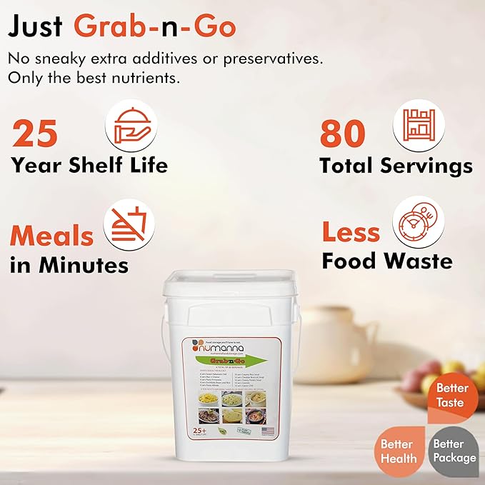 NuManna Grab-n-Go Bucket– 80 Servings, 12 lbs Freeze-Dried Premade Meals | 25+ Year Shelf Life | Non-Perishable, Ready-to-Eat Breakfast & Dinner, Everyday Meals & Pantry Essentials | Emergency, Camping & Survival Food Kit | Made in USA