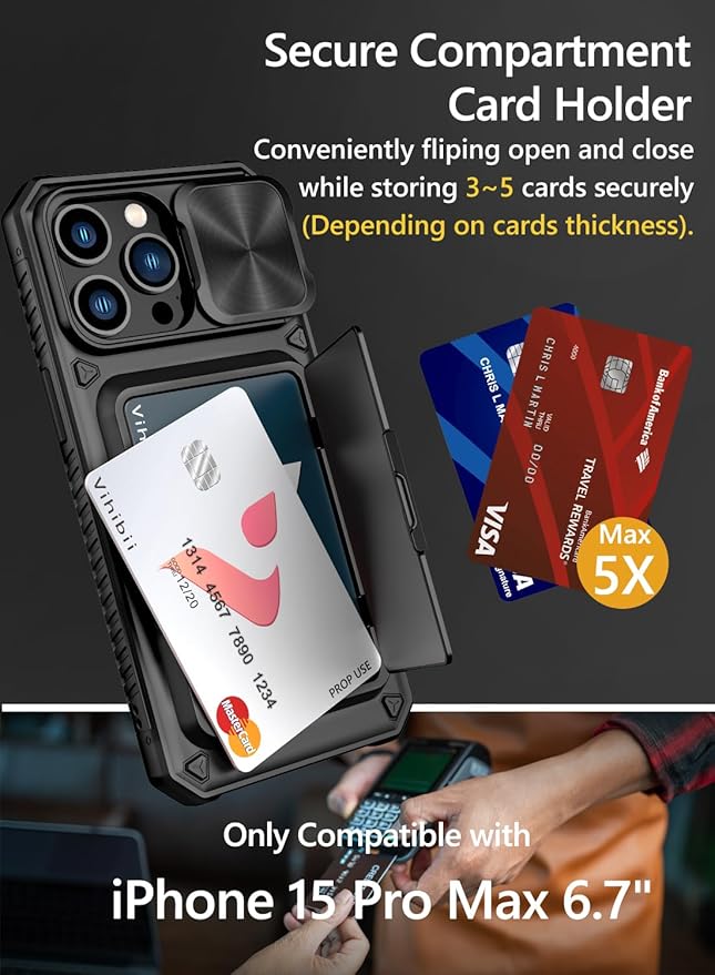Vihibii for iPhone 15 Pro Max Case with Card Holder (4 Cards), Built-in 2X Tempered Glass Screen Protector & Slide Camera Cover & Kickstand, Military Grade Drop Protection, Rugged Wallet Case, Black