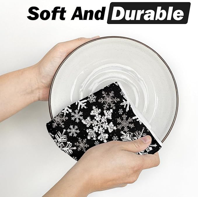 Artoid Mode Black Snowflakes Winter Kitchen Dish Cloths, 12x12 Inch Quick Dry Microfiber Dishcloths for Kitchen Dish Rags Set of 2