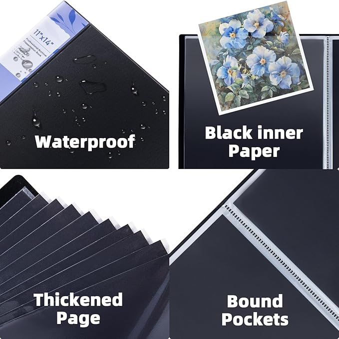 JJRING 11x14 Art Portfolio Folder with Plastic Sleeves, 24-Pocket Portfolio Binder Displaying 48 Pages, Presentation Book with Black Inner Paper for Artwork Storage, Black