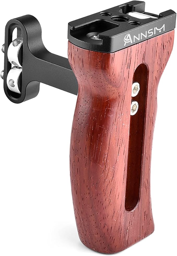 Side Wooden Handle Grip for DSLR Camera Cage, Cold Shoe Mount, Built-in Wrench, Threaded Holes, Left Right Compatible iPhone/Smartphone/Video Rig Videography/Camera Cage
