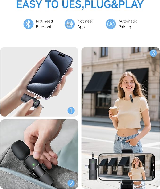 PQRQP Mini Microphone for iPhone - 3 in 1 Wireless Microphones for iOS/Android/Camera, Studio-Quality Audio, Plug & Play Clip Mic for Video Recording Podcast