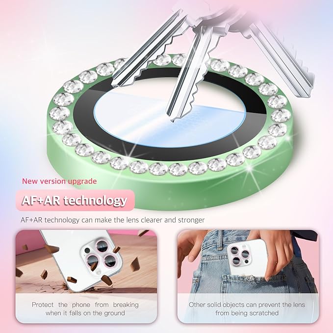 Camera Lens Protector Bling Compatible for iPhone 15 Pro/15 Pro Max,9H Tempered Glass,1Step Installation Tray,HD Clear/Military Grade Shatterproof/Scratch Resistant(Diamond Green)