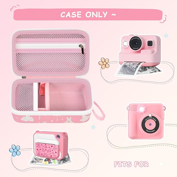 Case Compatible with DYLANTO for ESOXOFFORE for ETIKEZ for YTETCN for DUDUDRAGON Instant Print Camera, Kids Camera Storage for Accessories (Box Only) (Case and 3 Paper Rolls, Pink-Rabbit)
