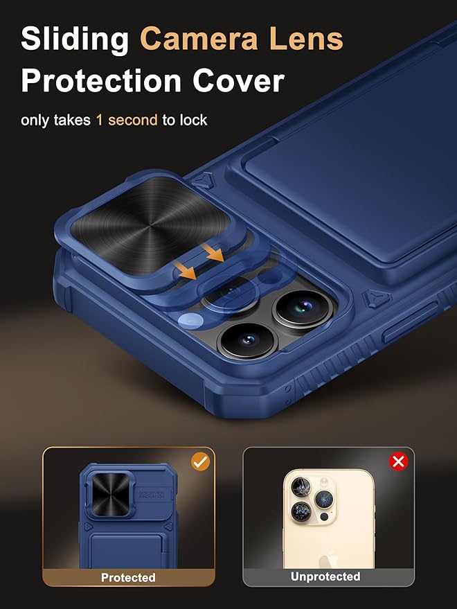 Vihibii for iPhone 14 Pro Max Wallet Case with Card Holder (4 Cards), [RFID Blocking] & Slide Lens Camera Cover & Raised Edges Protect Screen, Shockproof Rugged Wallet Phone Case, 6.7" 2022, Blue