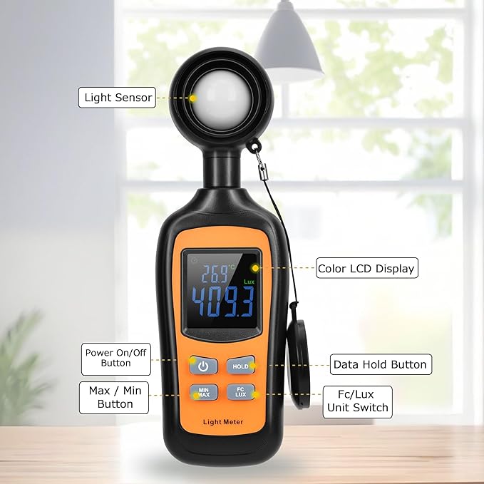 Handheld Digital Light Meter,4 Digit Color Screen Illuminance Meter with Ambient Temperature Measurer,Range up to 200,000 Lux Luxmeter,for Photography Plants Lighting Intensity Brightness Measurement