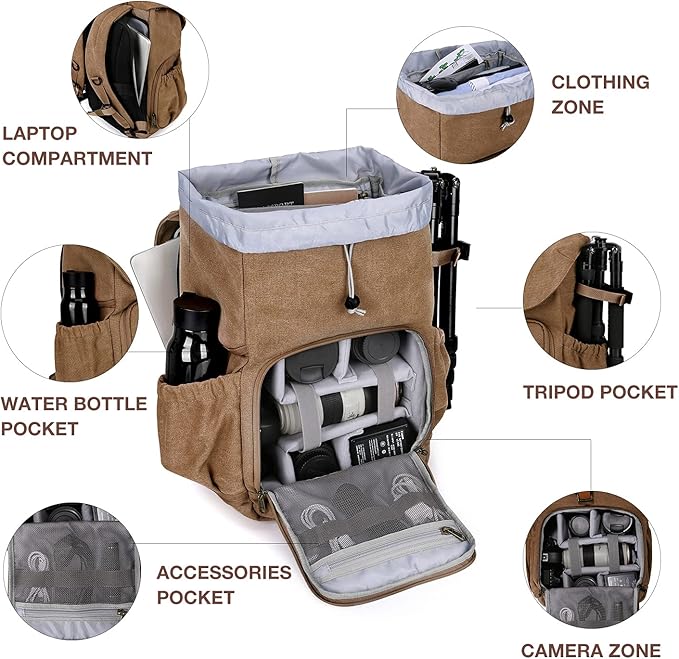BAGSMART Camera Backpack, DSLR Camera Bag Backpacks for Photographers, Waterproof Anti-Theft Photography Backpack with 15 Inch Laptop Compartment, Khaki