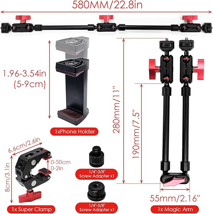 22" Magic Arm w Clamp Mount, Adjustable Overhead Phone Mount Stand, Articulating Friction Boom Arm w Thread Adapter for Webcam Tripod Light Video Rig Camera