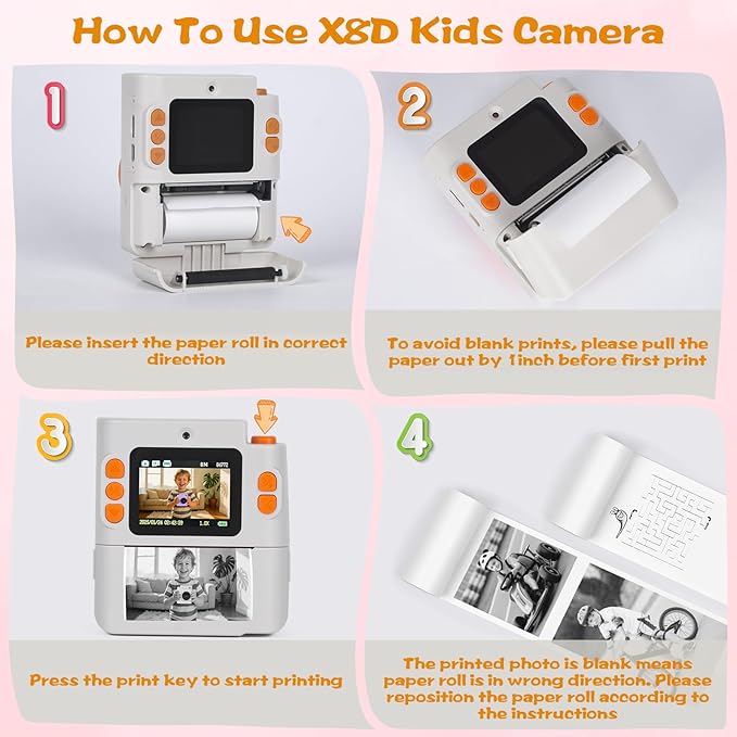 Kids Camera Instant Print, 1080P HD Dual-Lens Selfie Digital Camera with 5 Printing Paper Rolls & 32G TF Card, for Children, Portable Toddler Toy for Age 3-12 Boys & Girls (White)
