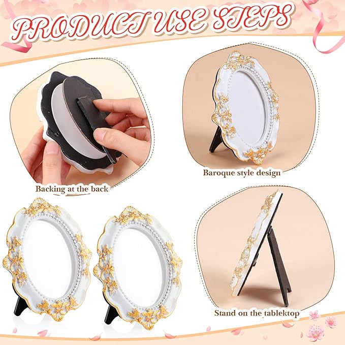 Maitys 5 Pcs Mini Picture Vintage Frames with Stands Tiny Antique Photo Baroque Ornate Resin Oval Frame Table Top Display Home Wedding Decor (White Gold)