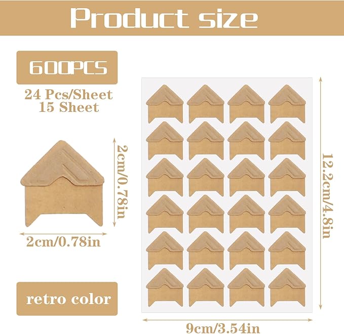 Classicseali 600PCS Photo Corner Stickers,Self-Adhesive Scrapbook Picture Corners, Picture Corners for Scrapbooking, for Photos Albums, DIY Scrapbook Stickers, Memory Books, Diaries, Khaki