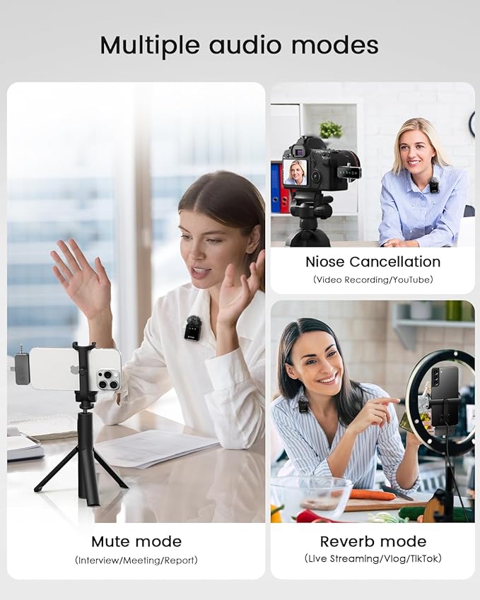 PQRQP 3-in-1 Mini Microphone for iPhone/Android/Camera, Hi-Fi Audio, Wireless Microphones, 328ft Range, 20H Battery, Lapel Mic with Noise Reduction for Live Streaming, TikTok, YouTube (Graphite Gray)