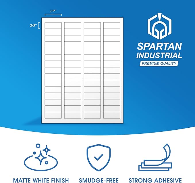 1 3/4" X 2/3" Matte White Return Address Labels (100 Sheets, 6000 Stickers) Mailing Labels for Envelopes, File Folder Stickers for Laser & Inkjet Printers - Spartan Industrial Template R003