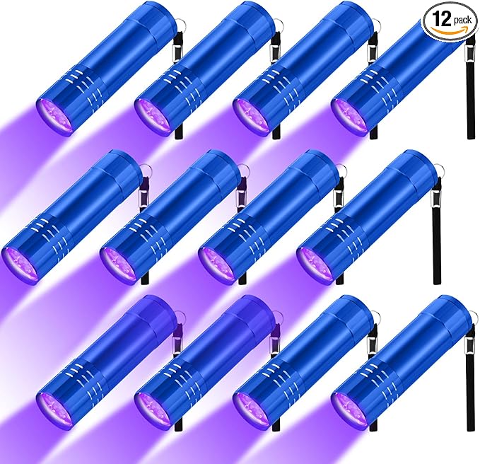 Riakrum 12 Pcs UV Blacklight Flashlights LED Handheld Mini Light Flashlight Small Portable Detector 395nm 9 LED Light for Pet, Carpet Dry Stains Detection, Spot Scorpions, Resin Curing (Blue)