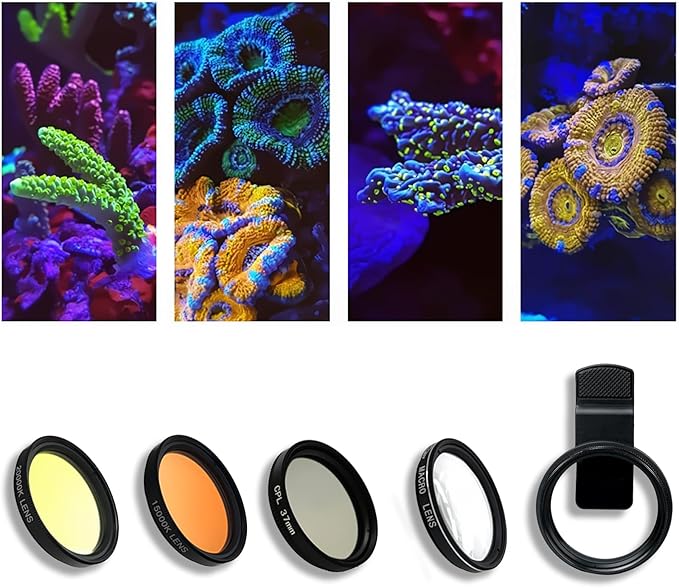 37mm Clip-on Phone Lens Filter Kit - 4 in 1 High-Definition Lenses for Coral Aquarium Reef Underwater Photography, Full Yellow/Orange Filter, CPL Polarizing Filter, Macro Lens