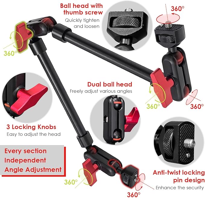 22" Magic Arm w Clamp Mount, Adjustable Overhead Phone Mount Stand, Articulating Friction Boom Arm w Thread Adapter for Webcam Tripod Light Video Rig Camera