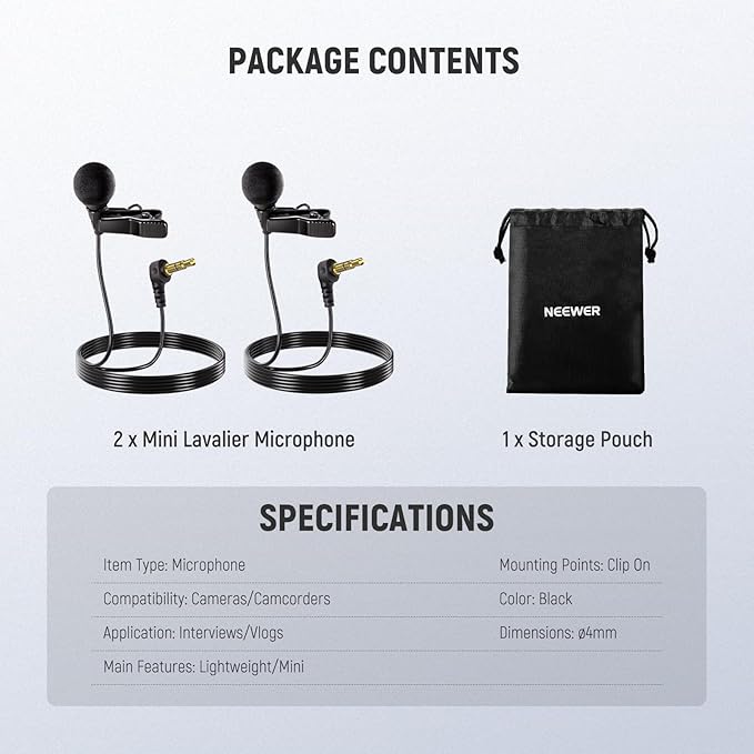 NEEWER ø4mm Mini Lavalier Microphone (2 Pack), Clip On Wired Condenser Lapel Lav Mic Set with 5ft/1.5m 3.5mm TRS Connector Compatible with DJI Mic 2 Rode Wireless Go II CM28 CM31 Camera, LM8