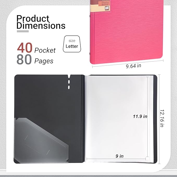 WORPSON Presentation Binder 40-Pocket, Displays 80 Pages, 9x12 inch with Plastic Sleeves, Portfolio Organizer for Documents, Certificates, Artwork, Photos, Clear Sheet Protectors (Fuchsia, 1 Pack)
