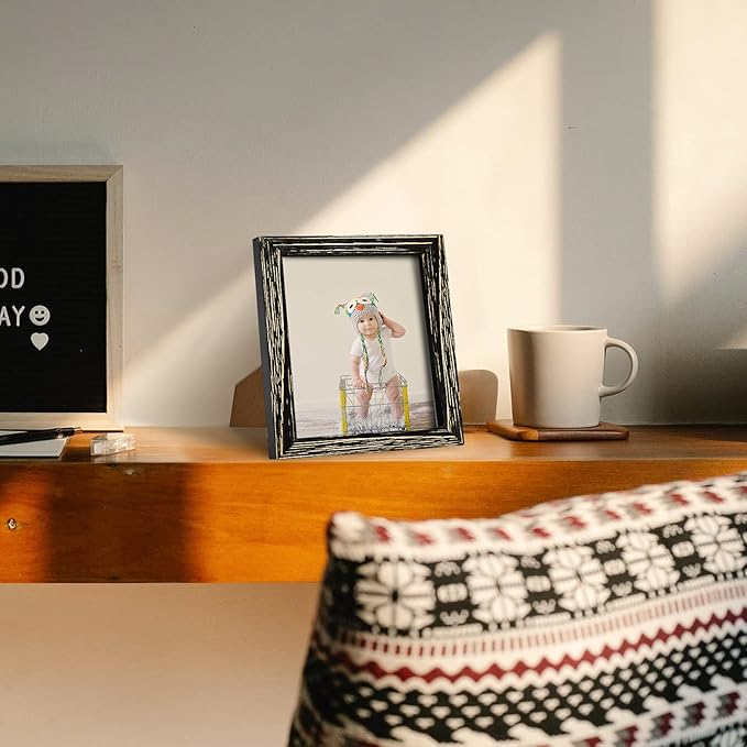 8 x 8 Picture Frame Rustic Wooden Black Square Photo Frame with Real Glass Solid Wood Horizontal & Vertical for Wall Mounting or Tabletop Display Gift Family Farmhouse Office Wedding Gallery Home Decor
