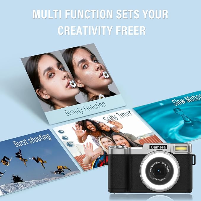 4K Digital Camera for Photography, 64MP Flip Screen Digital Camera for YouTube Vlogging, Selfies, Use with LED Light, 64GB Memory Card, Compact Design for Travel, Perfect for Teens and Beginners
